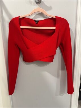 Express Red Ribbed Wrap-Front Crop Top